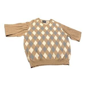 Mens Austin Reed Argyle V-Neck Sweater Tan Cotton and Cashmere Size Large